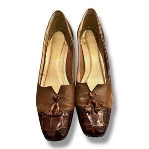 Vintage California Magdesian Pumps Womens 7.5 N Brown Leather Tassle Block‎ Heel